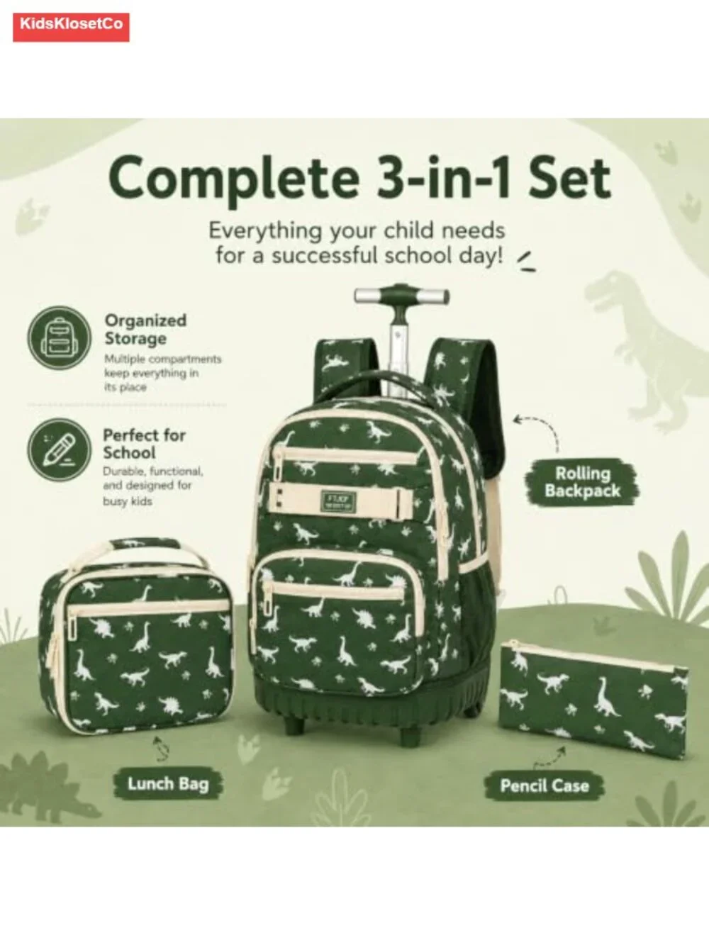 Dinosaur Rolling Backpack for Boys Wheeled Bookbag Water Resistant Polyester 3